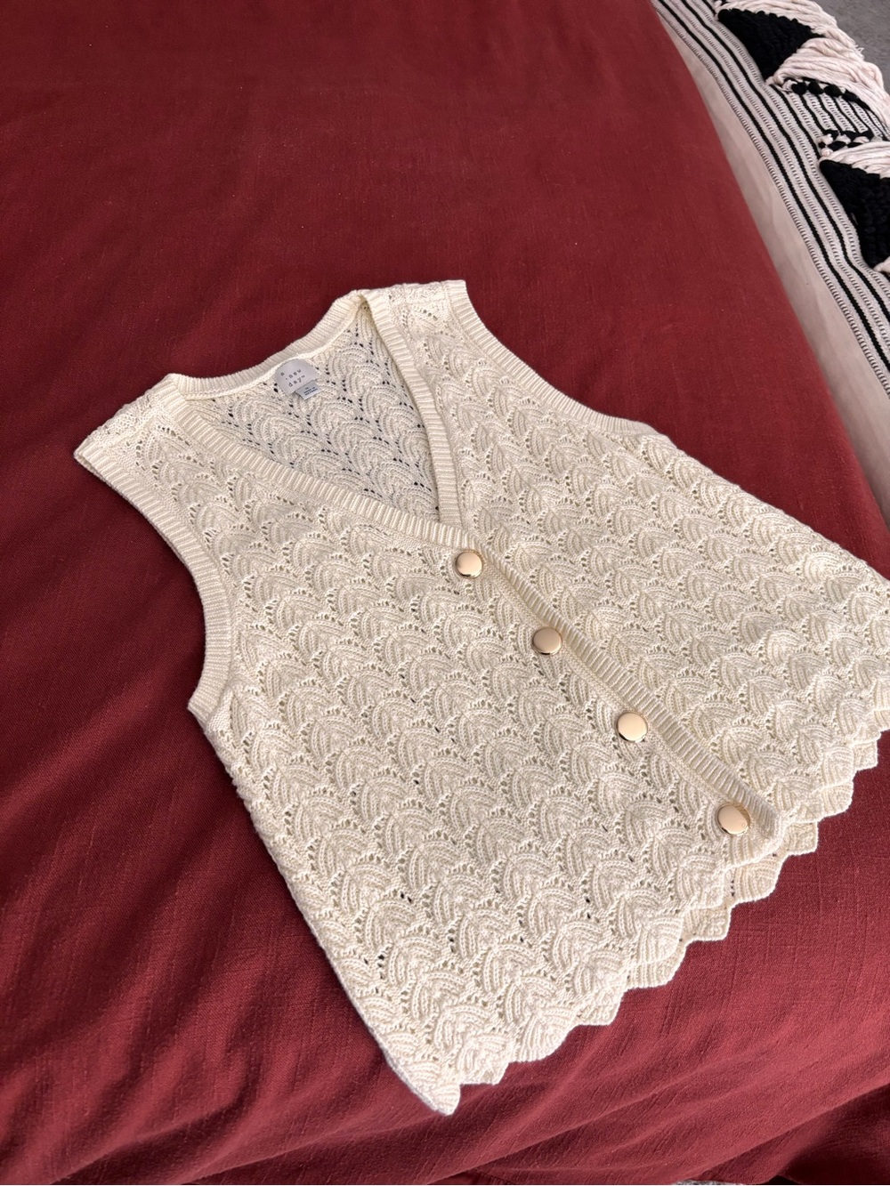 NWOT A New Day Small Ivory Crochet Open Knit Button Front Sweater Vest